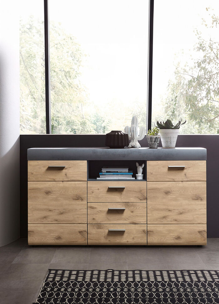 Sideboard mit Schubladen und Türen mit Softclose und Selbsteinzug EICHE-GRAPHIT