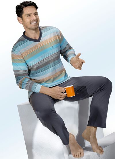 Hajo Klima Komfort Pyjama mit garngef&auml;rbtem Ringeldessin, V-Ausschnitt, Brusttasche 