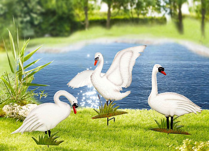 Handbemalte Gartenstecker in Form von Schw&auml;nen, 3er-Set 