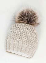 M&uuml;tze mit dezenten Glitzersteinchen und Kunstfell-Bommel NATUR