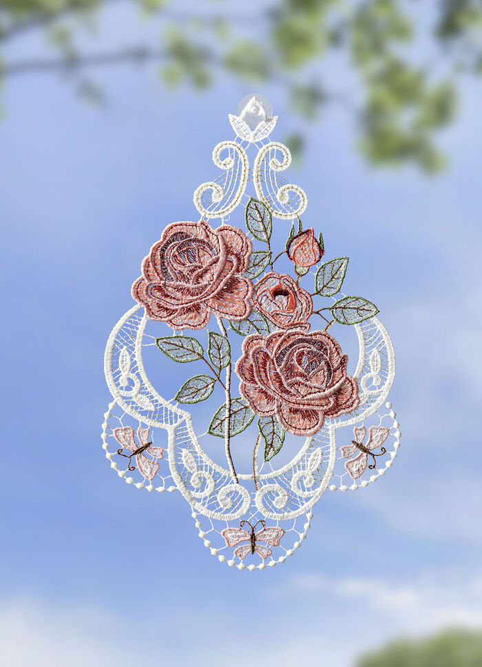 Fensterbild mit Rosenmotiv aus echter Plauener Spitze 