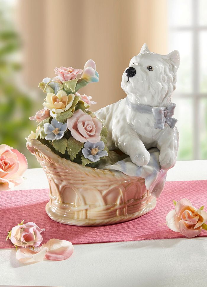 Spieluhr Hund im Blumenkorb aus Porzellan 