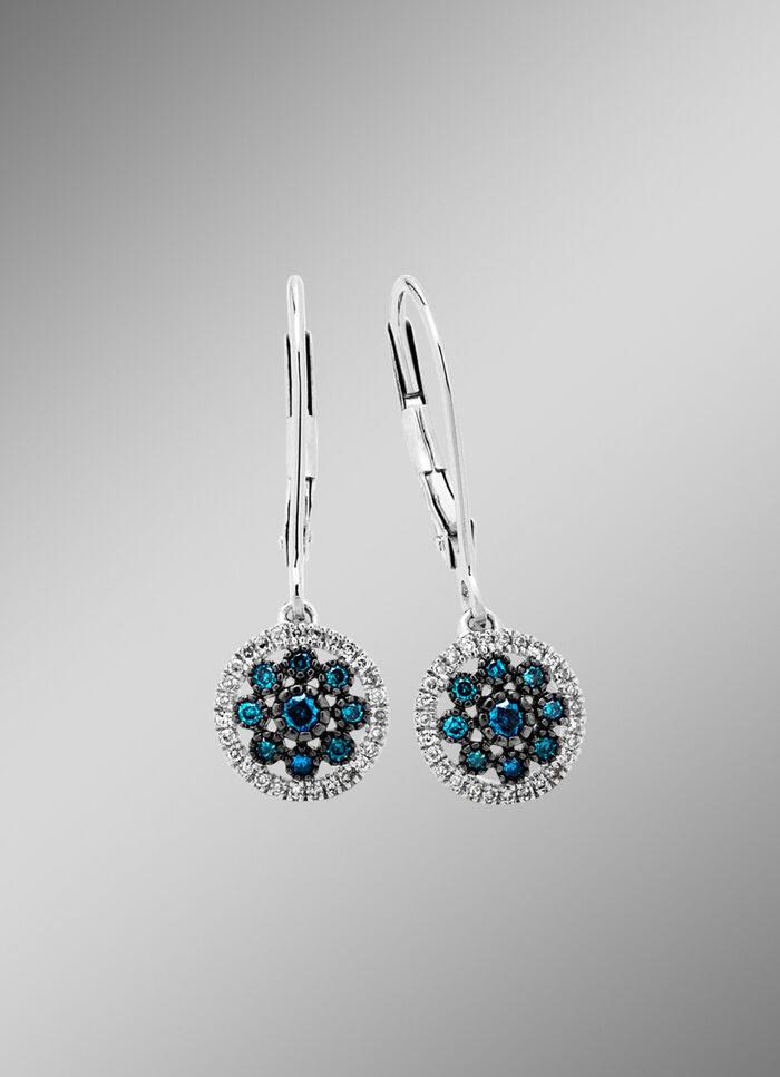 Schöne Ohrringe mit blauen Brillanten und weissen Diamanten 