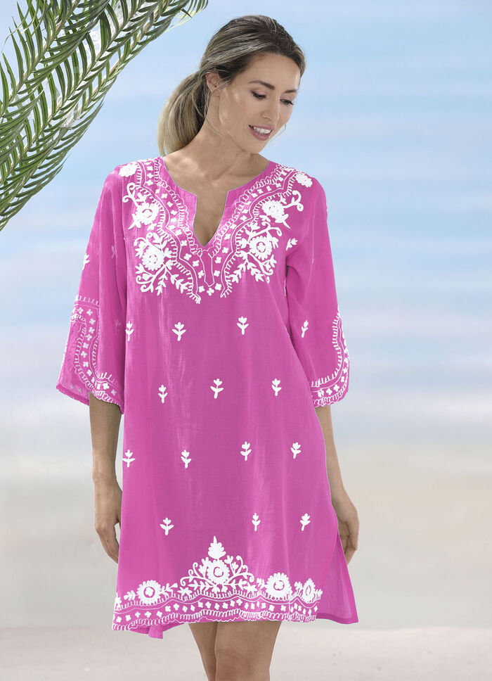 Tunika mit weisser Stickerei sowie Seitenschlitzen, reine Baumwolle, 