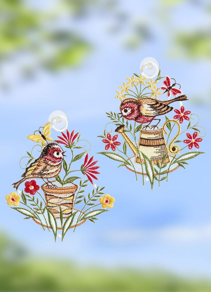 Fensterbild V&ouml;gel, 2er-Set aus Plauener Spitze 