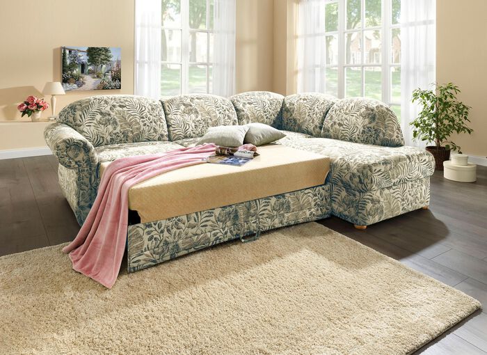 Polsterecke mit Bettfunktion, Bettkasten und 2 Kissen GRÜN