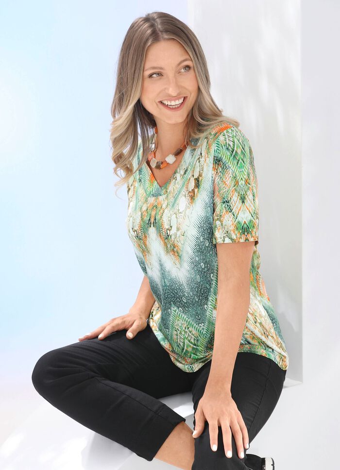 Shirt mit V-Ausschnitt GRÜN-ORANGE