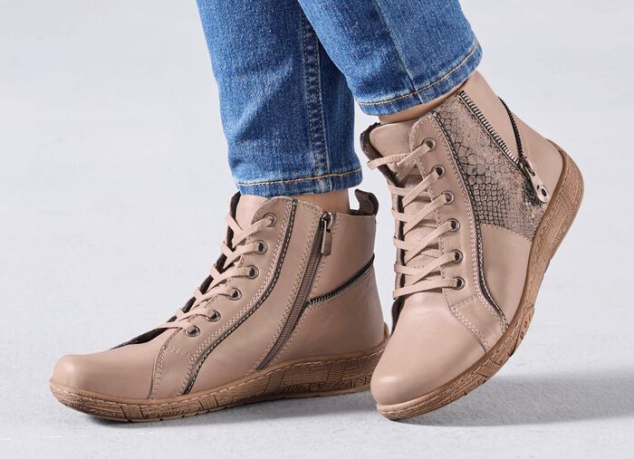 Andrea Conti Schn&uuml;r-Bootie mit reptilgepr&auml;gtem Einsatz und Zier-Reissverschluss TAUPE