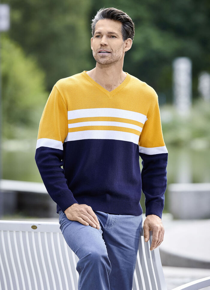 Modischer V-Pullover MARINE-OCKER-WEISS