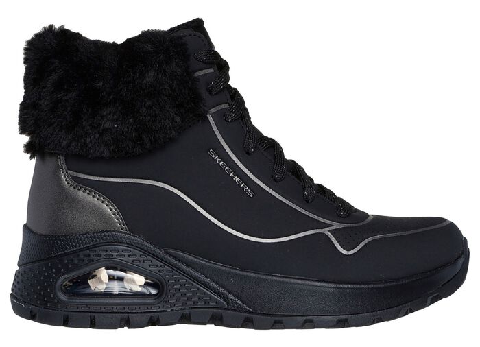 SKECHERS, gef&uuml;tterte Damen-Boots, Winterschuhe, mit flauschigem Pl&uuml;schkragen SCHWARZ