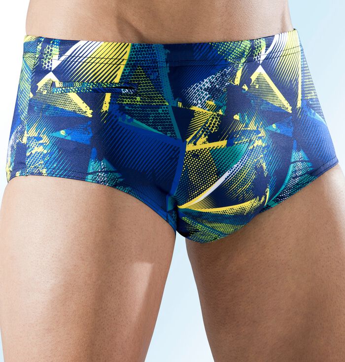 Badehose in h&ouml;herer Slipform mit buntem Druckdessin 