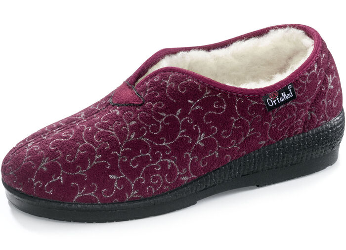 Hausschuh aus gl&auml;nzend bedrucktem Veloursmaterial BORDEAUX