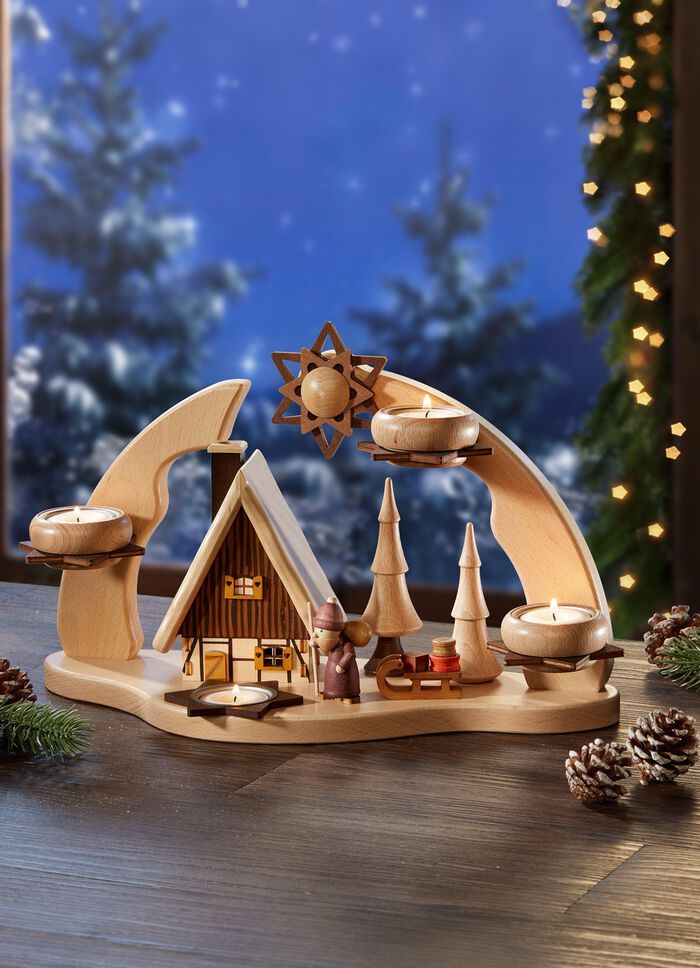 Teelichthalter mit R&auml;ucherhaus aus einheimischen Massivh&ouml;lzern 