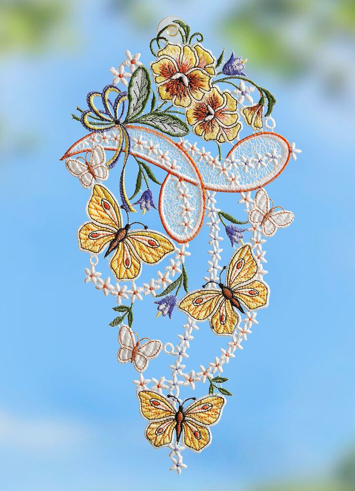 Fensterbild Schmetterlinge aus echter Plauener Spitze 