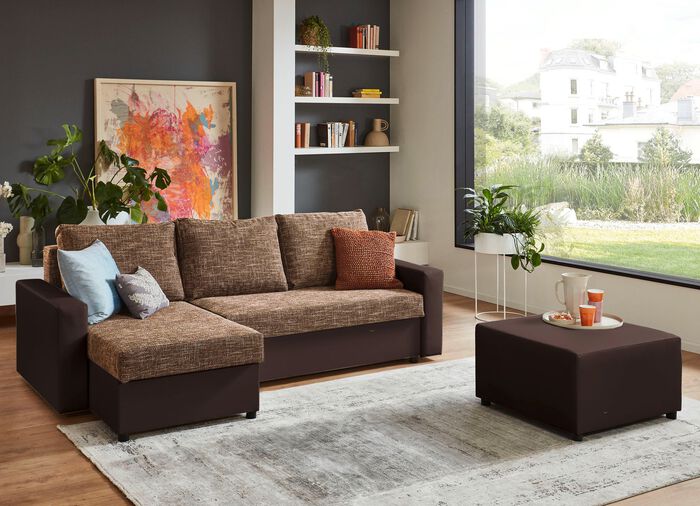 Frei im Raum aufstellbare Polsterecke mit Hocker BRAUN-BRAUN