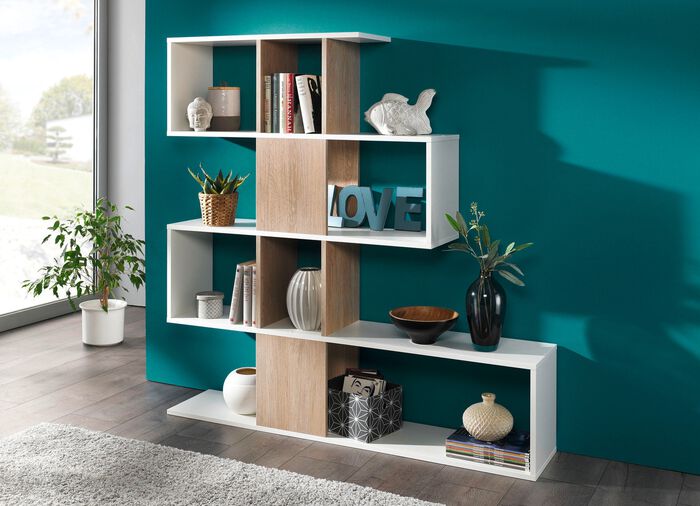 Innovatives Standregal mit grossen F&auml;chern und 5 Ebenen WEISS-EICHE