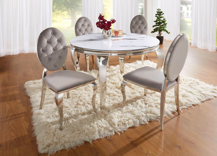 Esstisch mit Glasplatte CHROM-MARMOROPTIK WEISS