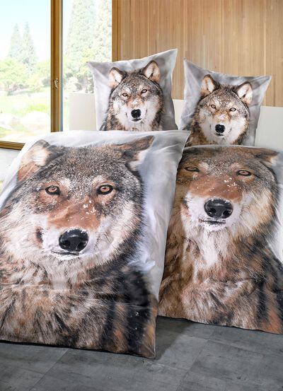 Bettw&auml;sche-Garnitur mit Druckmotiv &laquo;Wolf&raquo; 
