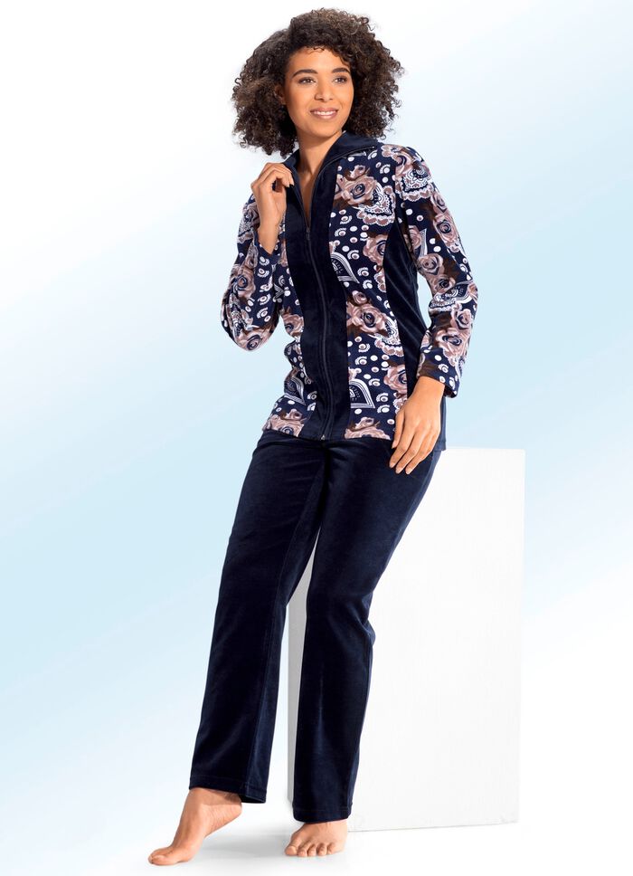 Hausanzug mit kontrastfarbenen Eins&auml;tzen 