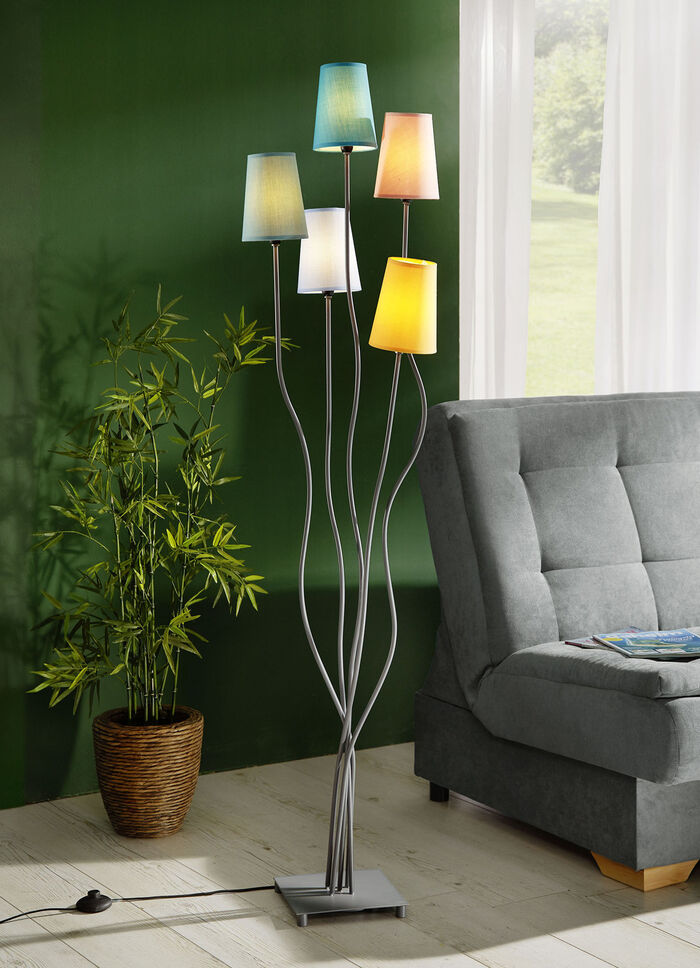 Stehlampe, 5-flammig, aus Metall mit Stoffschirm 