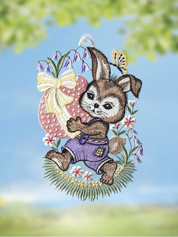 Fensterbild Osterhase mit Ei aus Plauener Spitze 