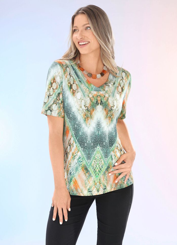 Shirt mit V-Ausschnitt GRÜN-ORANGE