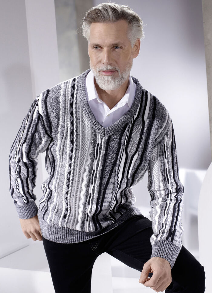 Pullover mit V-Ausschnitt GRAU MELIERT-WEISS-SCHWARZ