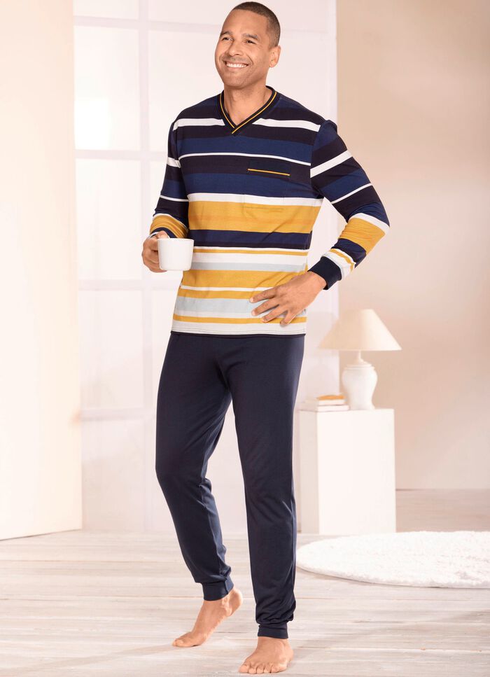 Schlafanzug mit V-Auschnitt und B&uuml;ndchenabschl&uuml;ssen  