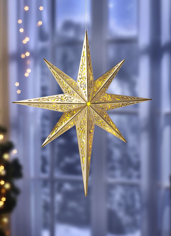 Fensterstern aus Holz mit LED-Beleuchtung und Fernbedienung 