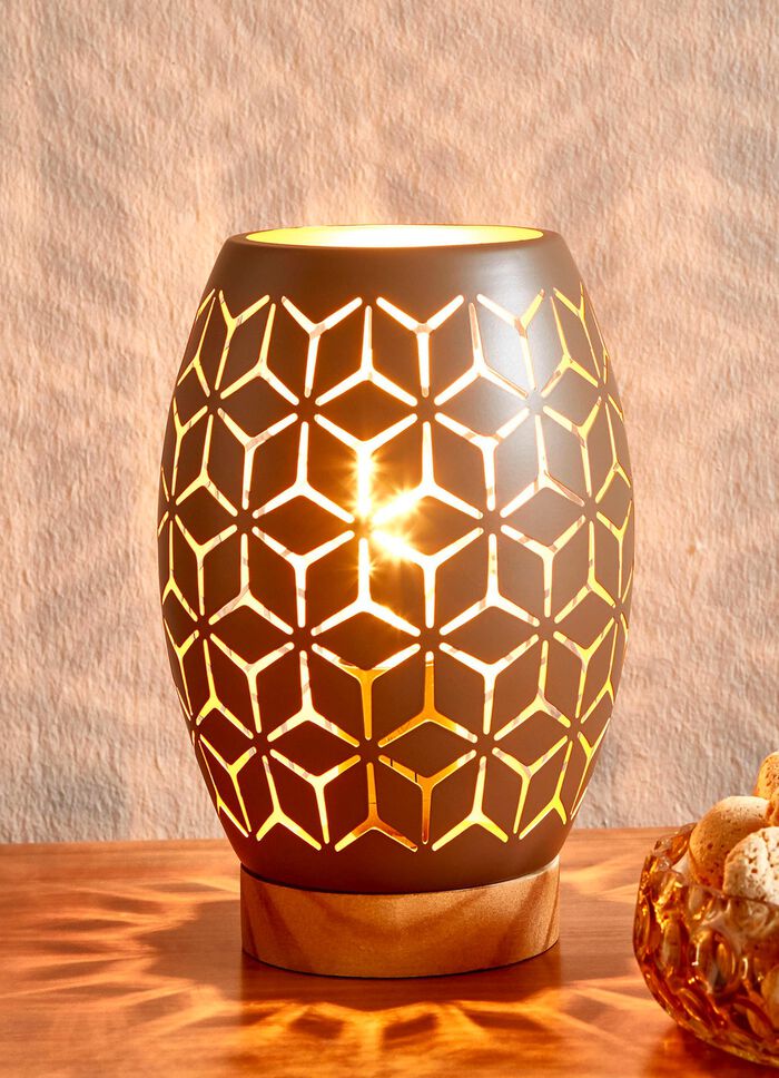 Tischlampe mit Metall-Lampenschirm und Holz-Sockel BRAUN-GOLD