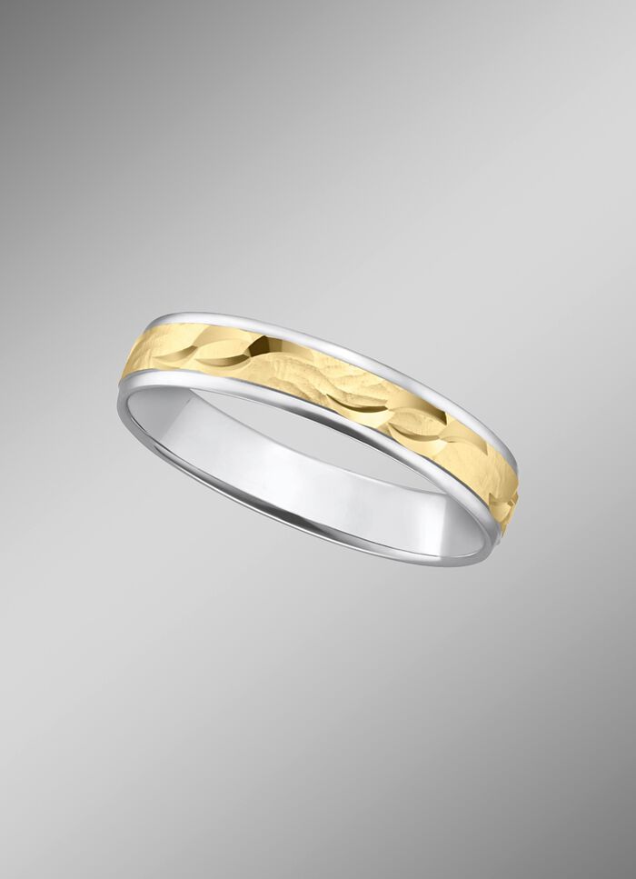 Trauring in Bicolor mit geh&auml;mmerten Glanzschnitten 