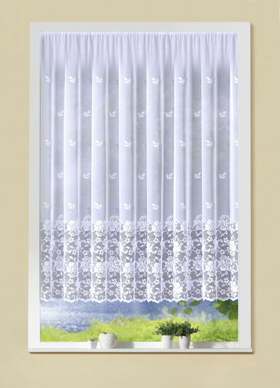 Filigraner Blumenfenster-Vorhang mit Automatikfaltenband 1:3 