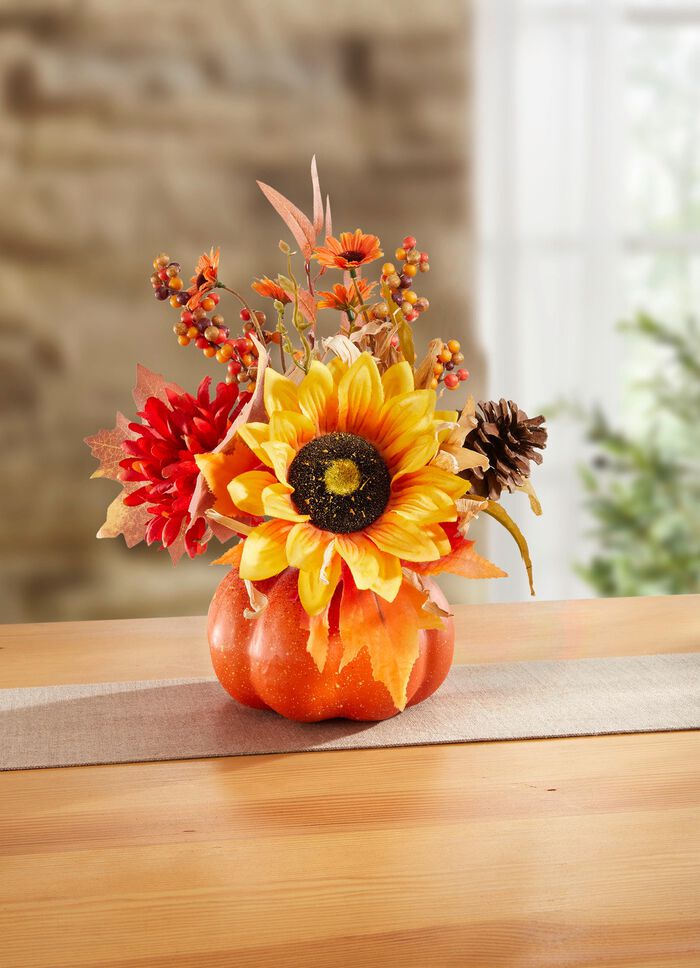 Sonnenblumen-Gesteck im K&uuml;rbis-Topf 
