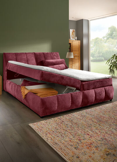 Boxspringbett mit Stauraum im Kopfteil und Bettkasten 