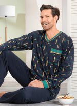 Schlafanzug mit dessiniertem Oberteil, V-Ausschnitt und Brusttasche 