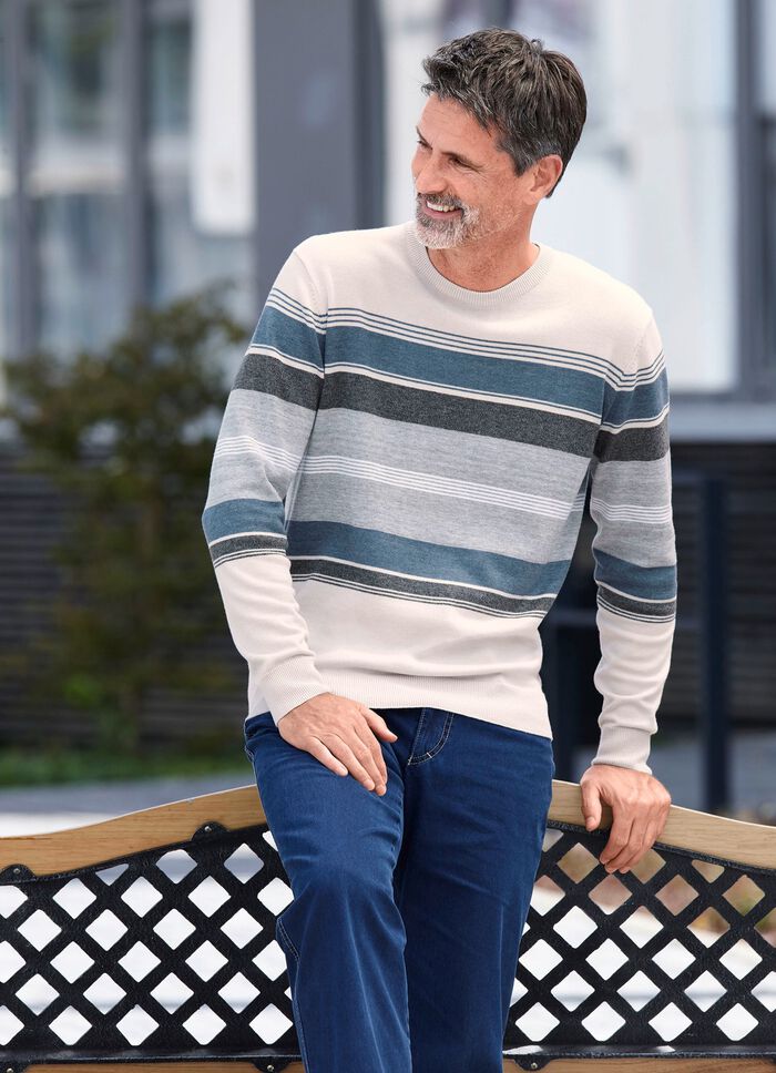 Gestreifter Rundhalspullover NATUR-GRAU-JEANSBLAU GESTREIFT