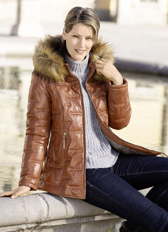 Lederjacke mit Webpelzbesatz 