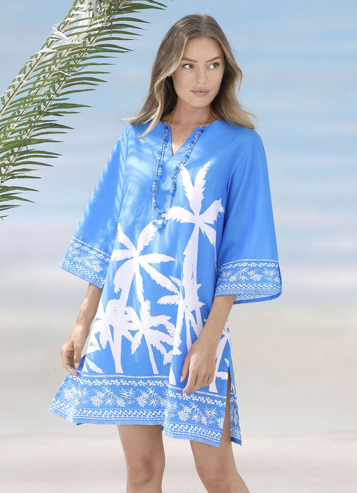 Tunika mit Palmendruck, reine Baumwolle BLAU-WEISS
