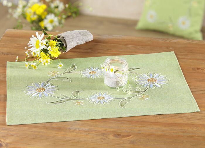 Bestickte Tischdecke oder Kissenbezug GRÜN-BUNT