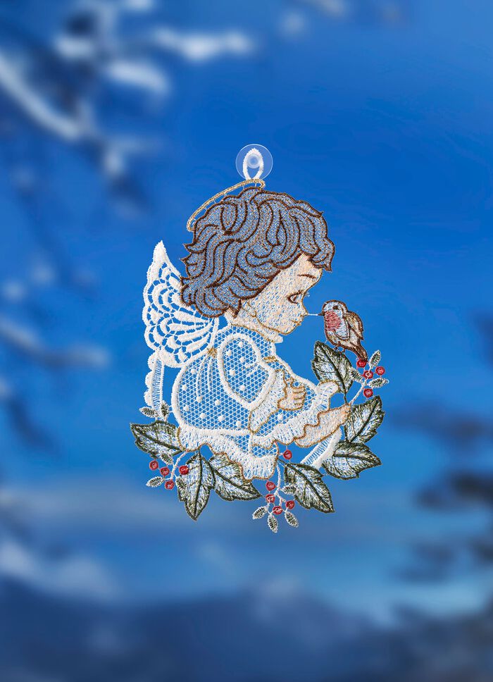 Fensterbild mit Engel-Motiv aus echter Plauener Spitze 