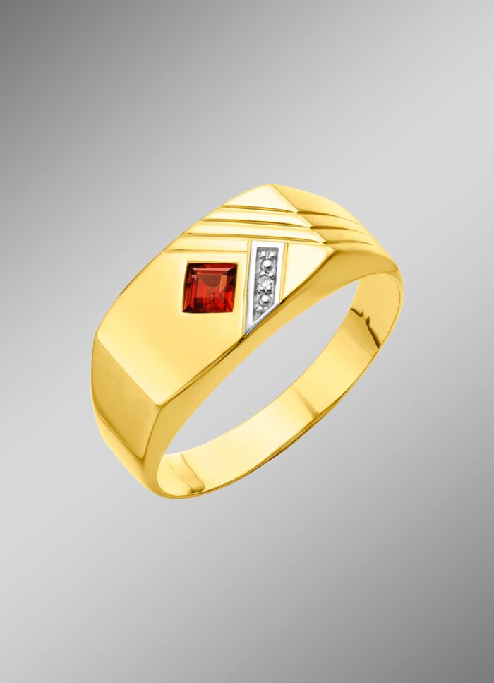 Gl&auml;nzender Herrenring mit echt Granat und Diamant 