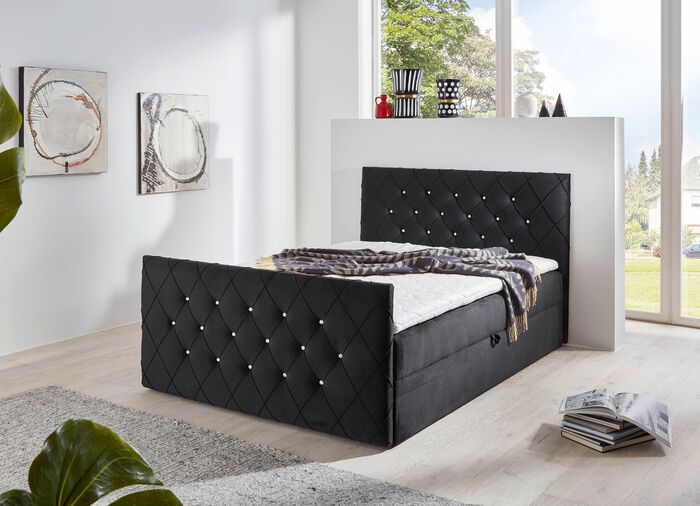 Boxspringbett mit Strasssteinen und Topper SCHWARZ