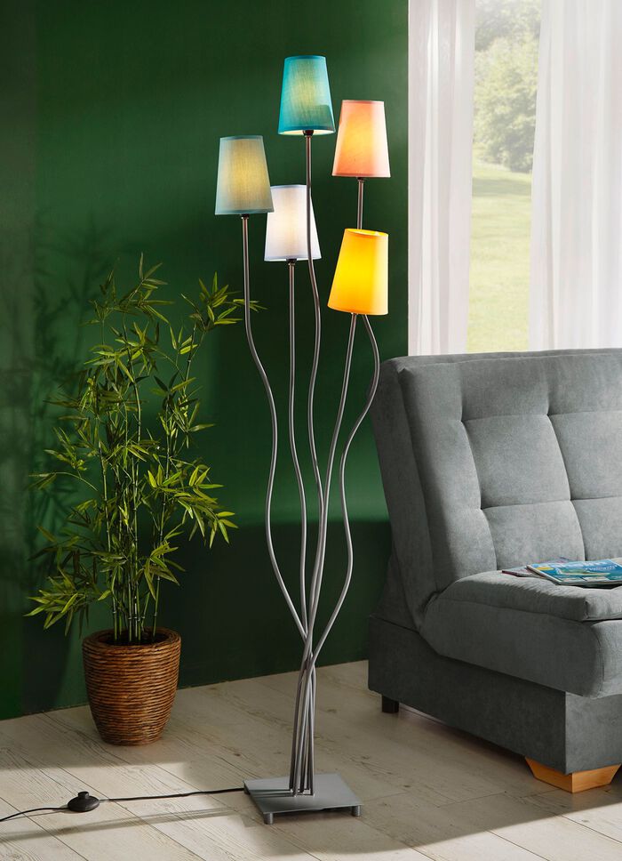 Stehlampe, 5-flammig, aus Metall mit Stoffschirm 