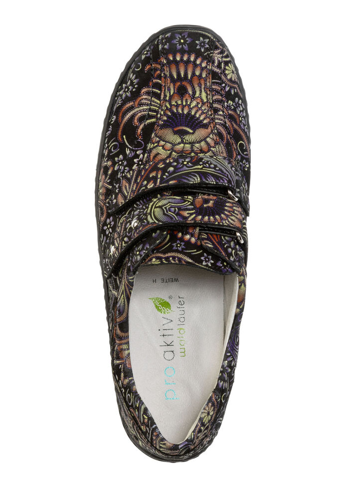 Waldläufer, bequeme Damen-Slipper, Weite H, mit herausnehmbarem Fussbett SCHWARZ-BUNT