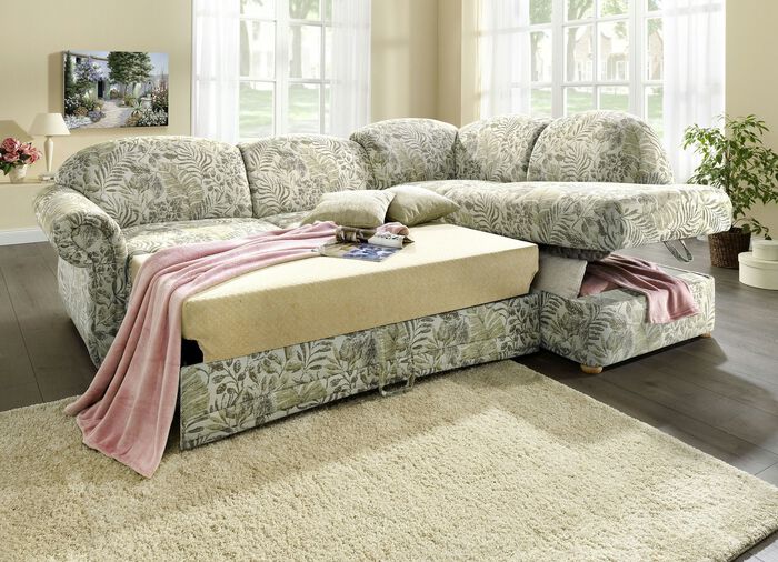 Polsterecke mit Bettfunktion, Bettkasten und 2 Kissen GRÜN