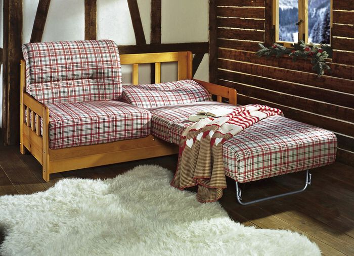 Verwandlungssofa aus massiver Kiefer ROT KARIERT