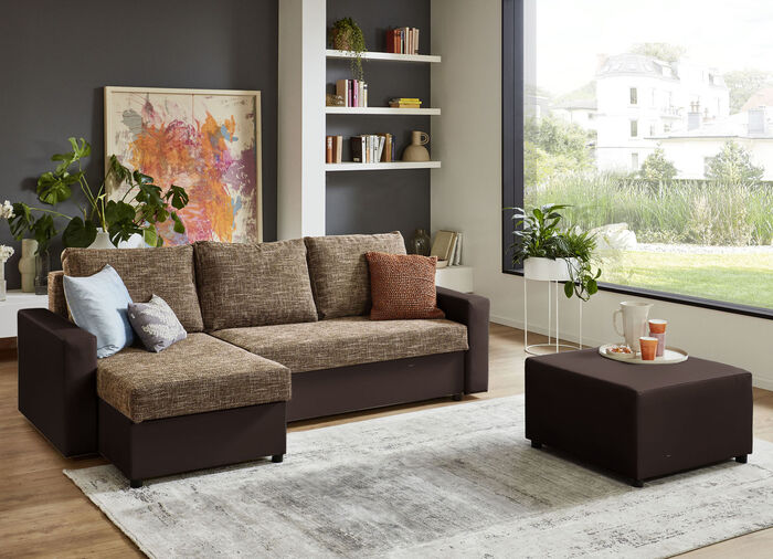 Frei im Raum aufstellbare Polsterecke mit Hocker BRAUN-BRAUN