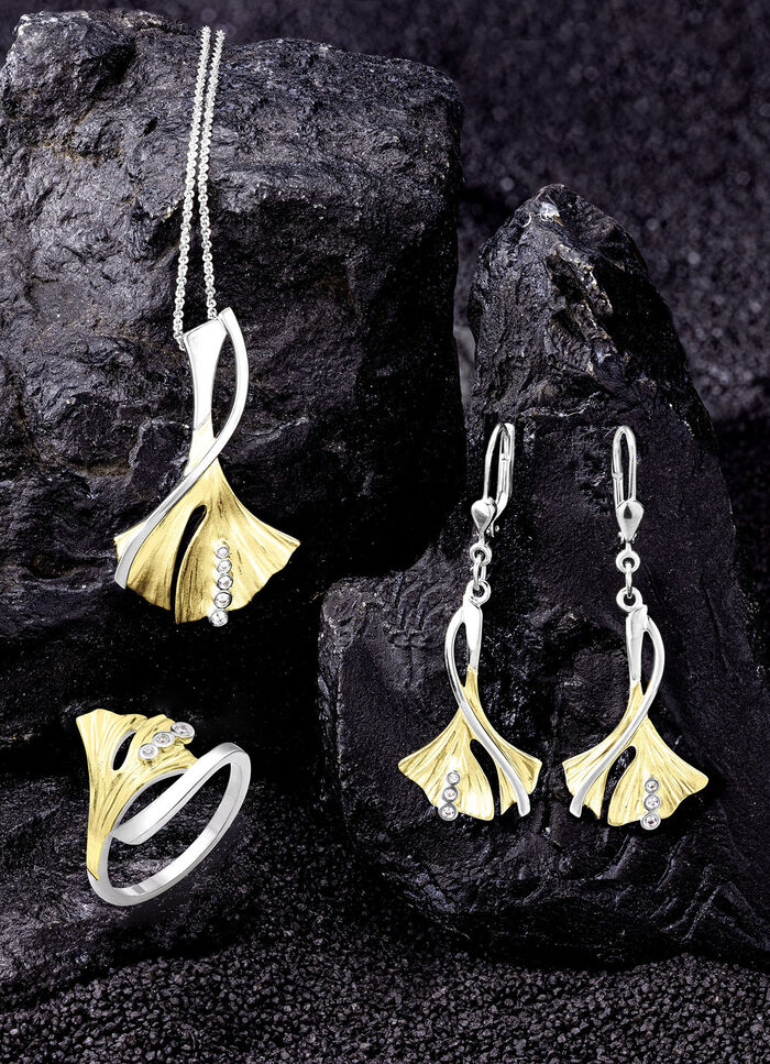 Ginkgoblatt-Anhänger in Bicolor mit synth. Zirkonia 