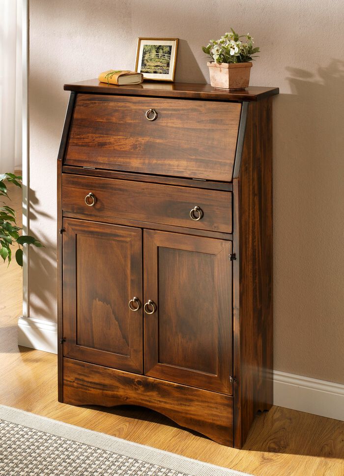 Rustikaler Sekret&auml;r aus Massivholz mit Metallgriffen NUSSBAUM