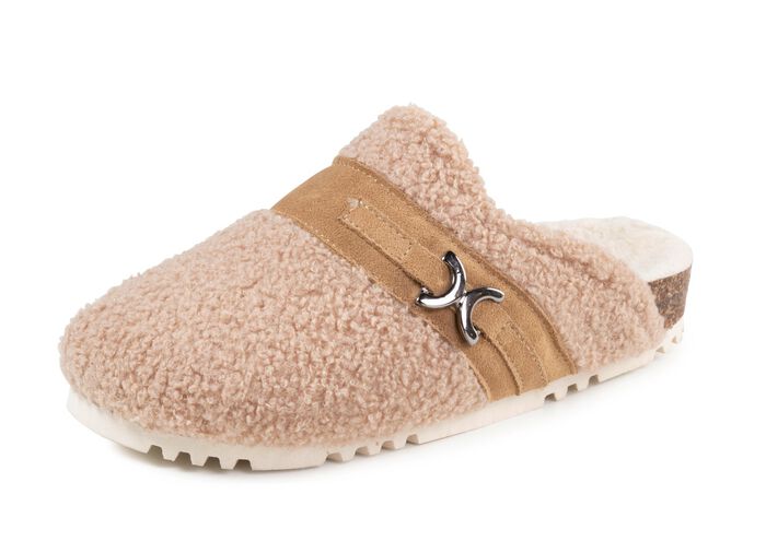 Laurina Pantoffel aus weichem Plüsch mit Veloursbesatz SANDBEIGE